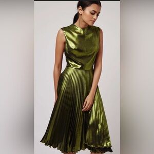 NWT TOPSHOP Moss Green Iridescent Accordion pleat skirt dress WOW!